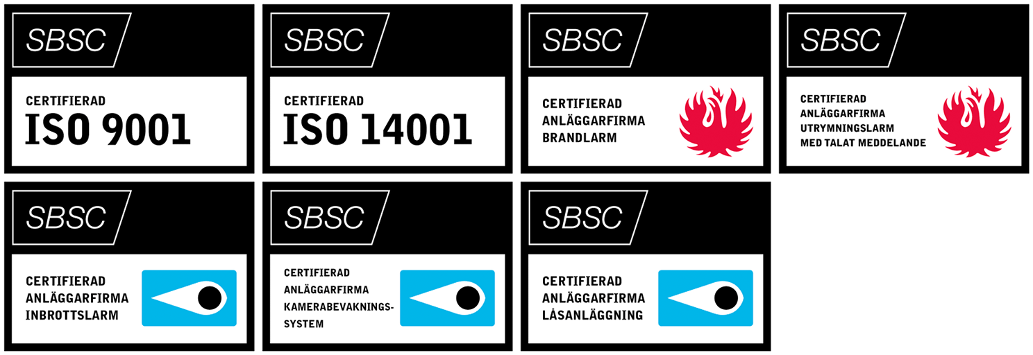 SBSC certifikat – ISO 9001, ISO 14001, anläggarfirma brandlarm, utrymningslarm med talat meddelande, inbrottslarm, kamerabevakningssystem, låsanläggning